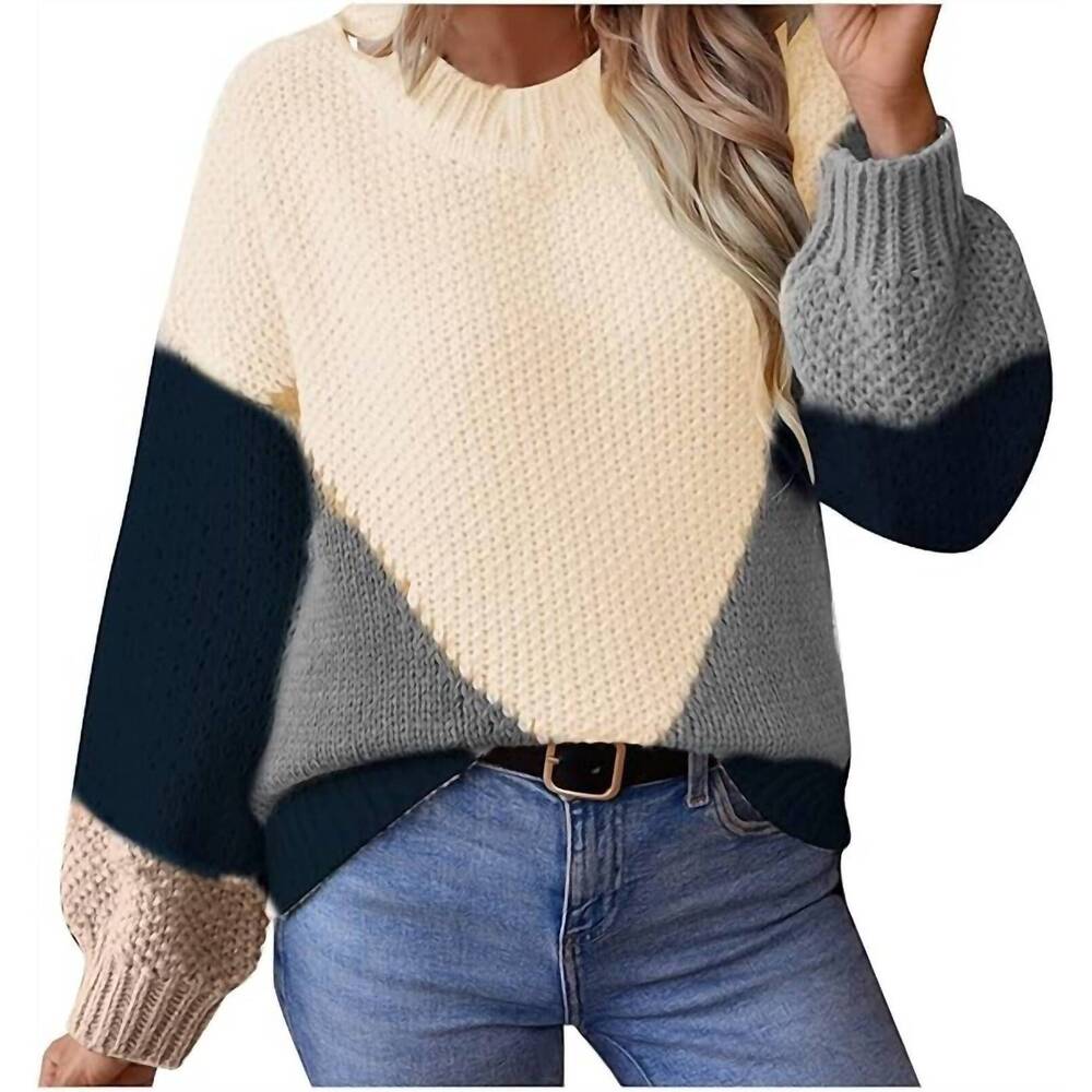 NEW LILY CLOTHING color block cozy knit sweater in cream navy natural